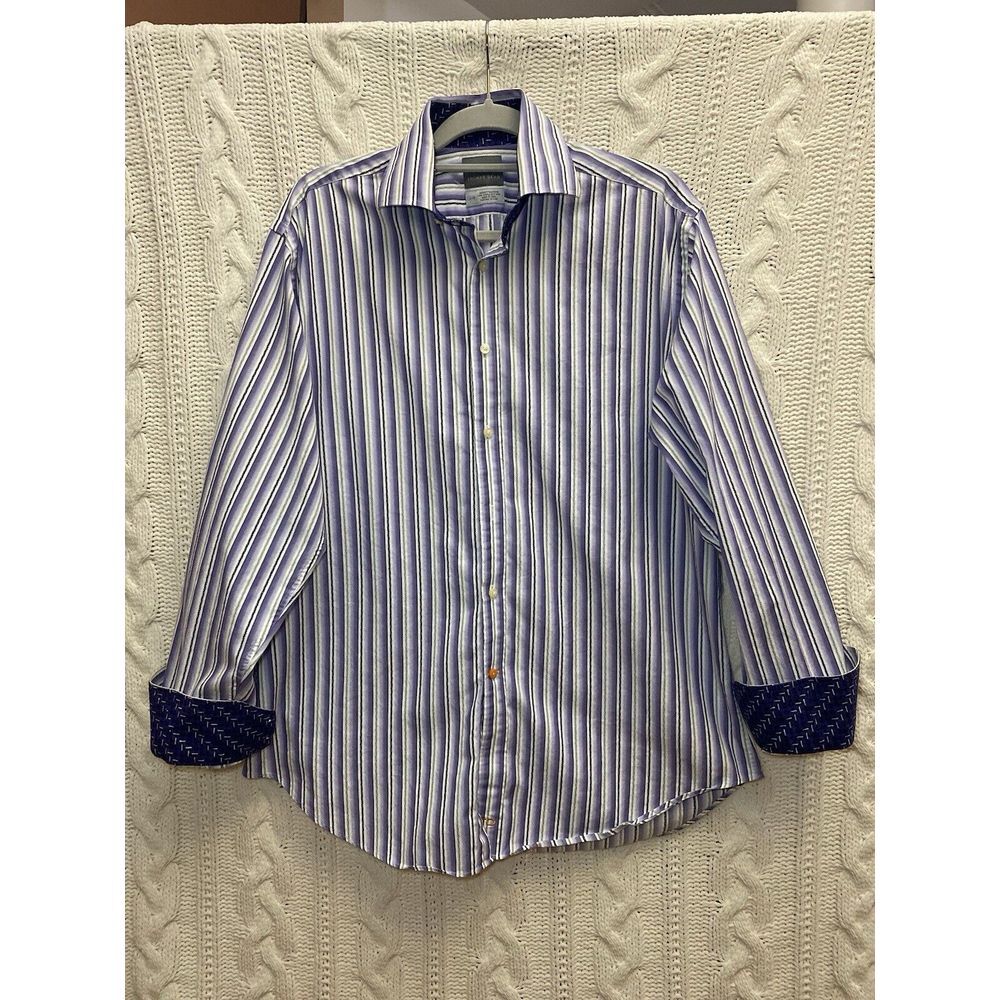 THOMAS DEAN Men's L Purple Striped L/S Flip Cuff Button Shirt Easter Spring